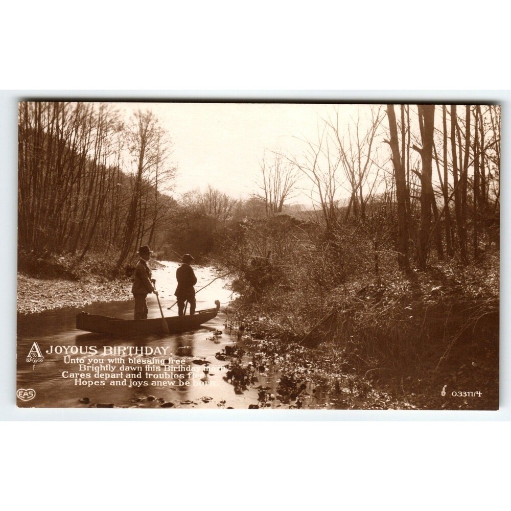Birthday Greetings Poem RPPC Postcard Men In Canoe Boat Rustic River EAS Germany